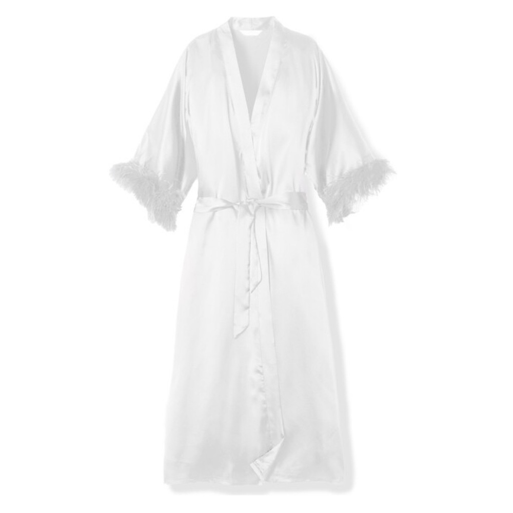 Petite Plume feather trim white silk robe, size XS